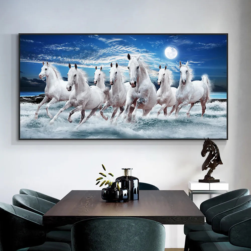 White Running Horses Painting on Canvas