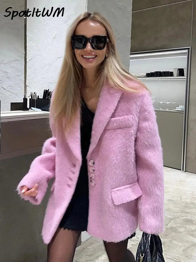 Women Mohair Woolen Plush Suit Coat