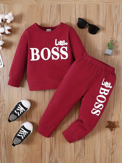 Solid Long Sleeves Letter Print Children Top+Pants