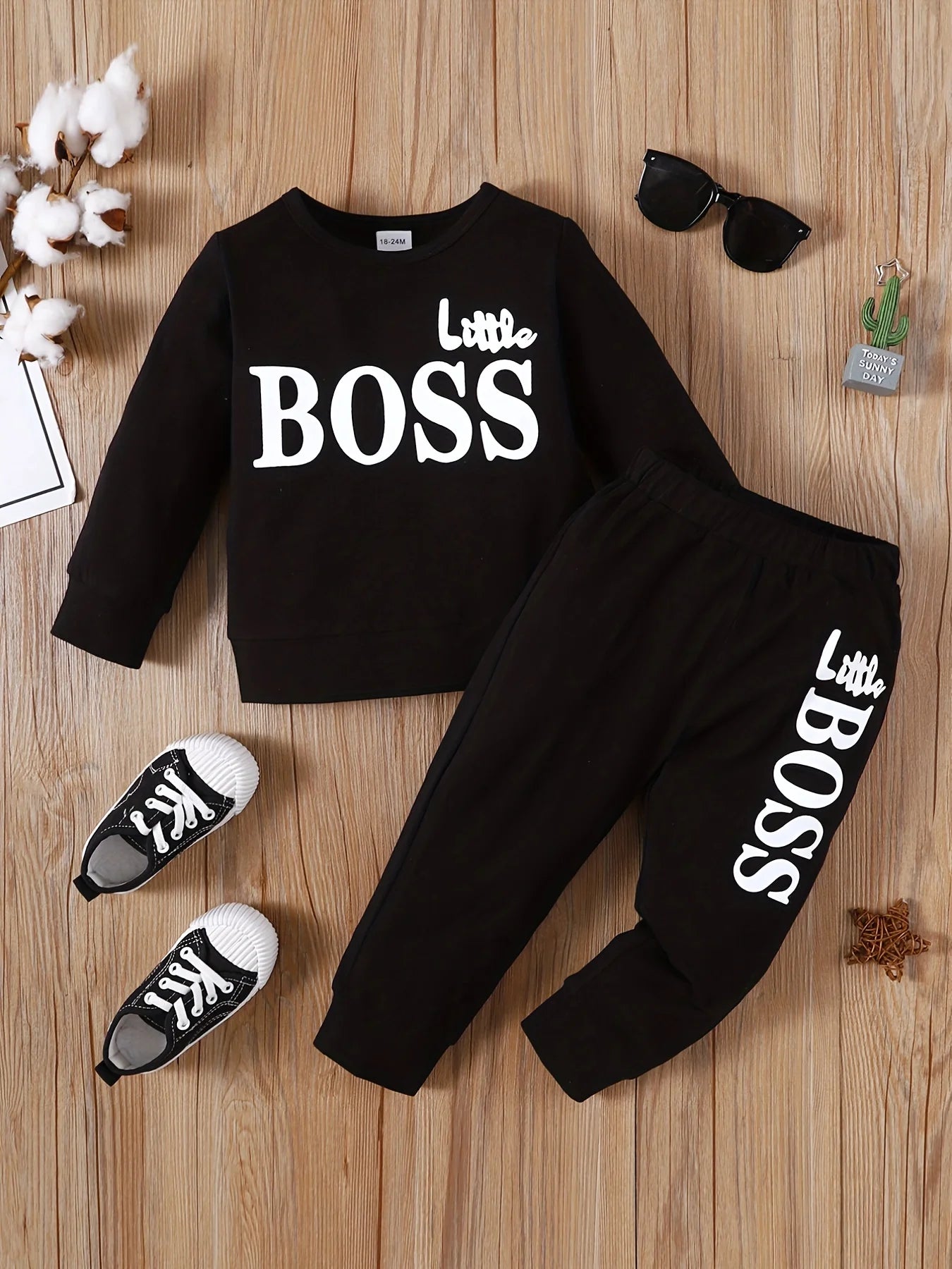 Solid Long Sleeves Letter Print Children Top+Pants