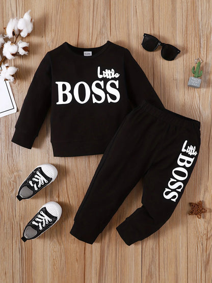 Solid Long Sleeves Letter Print Children Top+Pants